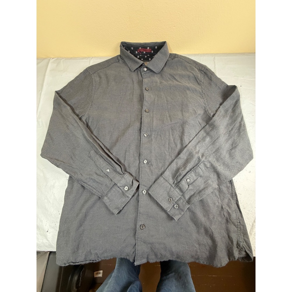 Ted Baker Mens Grey Herringbone Long Sleeve Button Down Shirt Size L Cotton